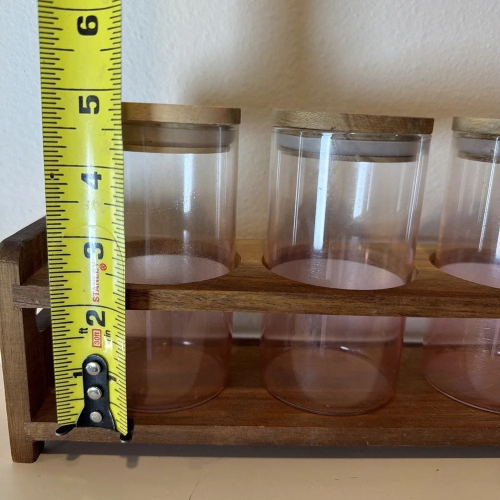 Wooden Spice Box Six Bottles Propagation Station Pink Glass Jars